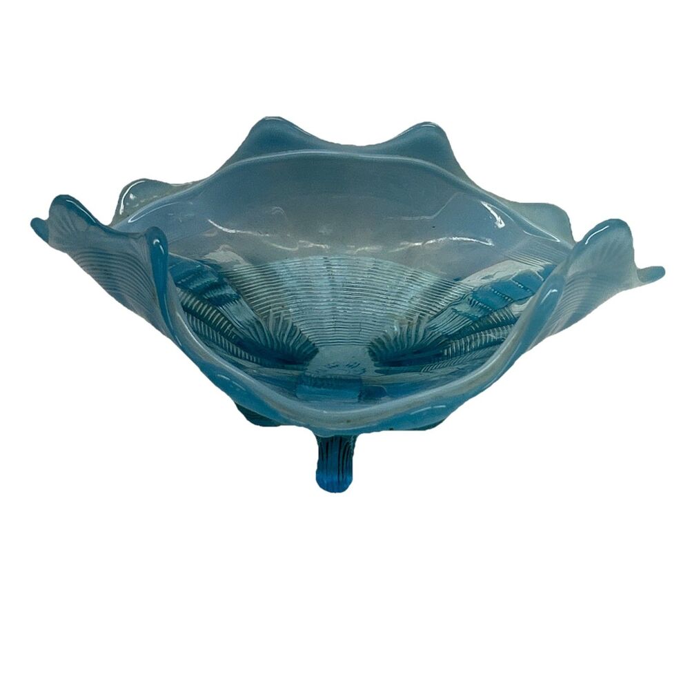 Vintage Northwood Fluted‎ Scrolls  Blue Opalescent Three Footed Bowl 7"